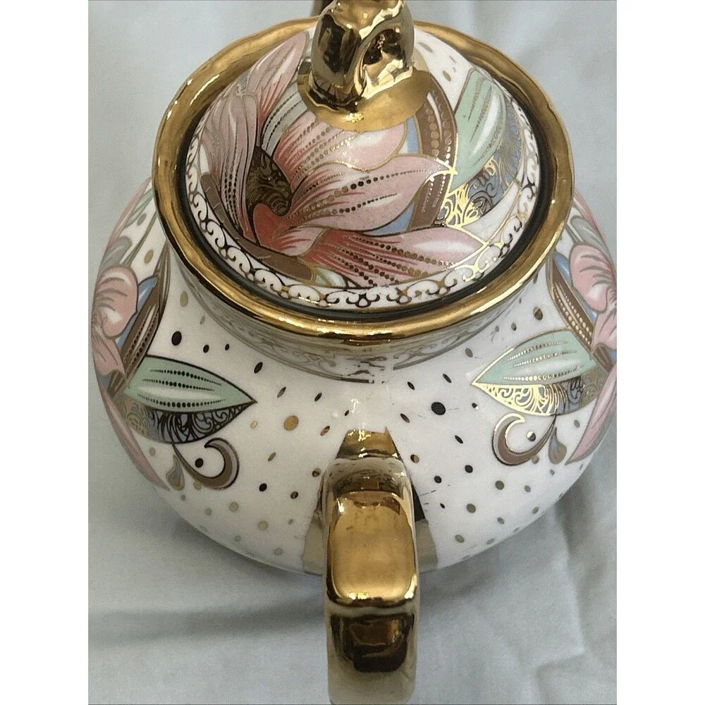 Floral Porcelain Teapot With Gold Tone Trimming